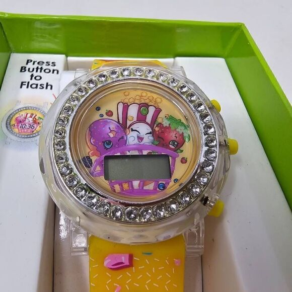 SHOPKINS ANALOG LCD FASHION WATCH RUBBER BAND YELLOW CLEAR CRYSTALS NEW - Picture 2 of 6